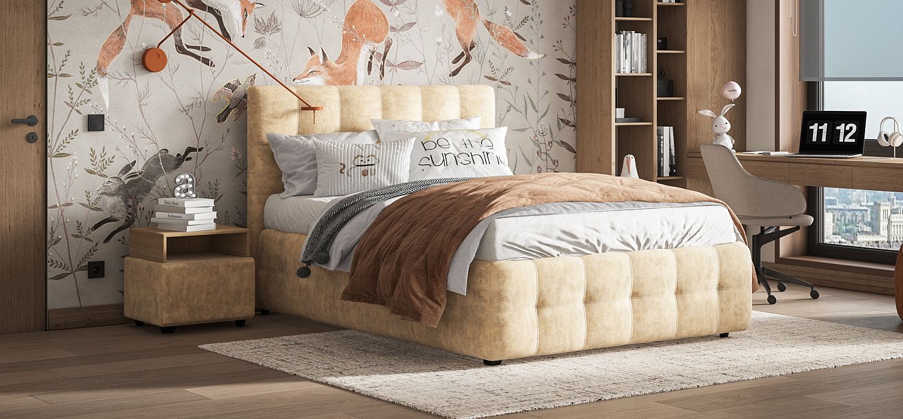 Босс Кровать+ПМ 140*200 Велюр Роял шампань