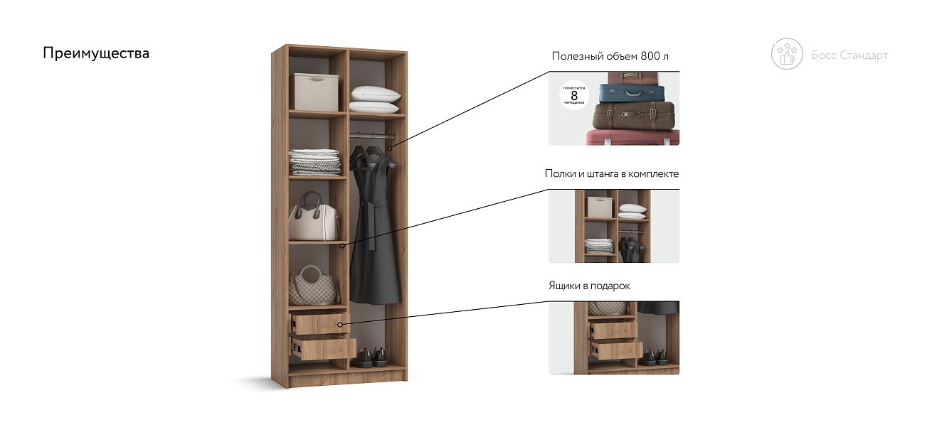 Босс Стандарт 80*220 шкаф распашной 2Д + ящики Орех Селект