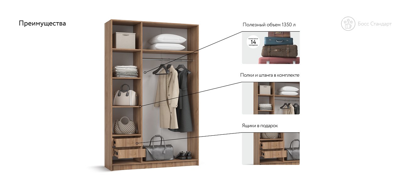 Босс Стандарт 135*220 шкаф распашной 3Д + ящики Орех Селект
