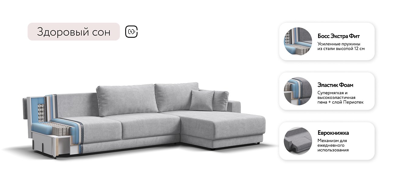 Угловой диван Босс Прайм Макс Шенилл CLOUD грей