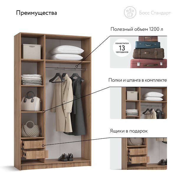 Босс Стандарт 120*220 шкаф распашной 3Д + ящики Орех селект