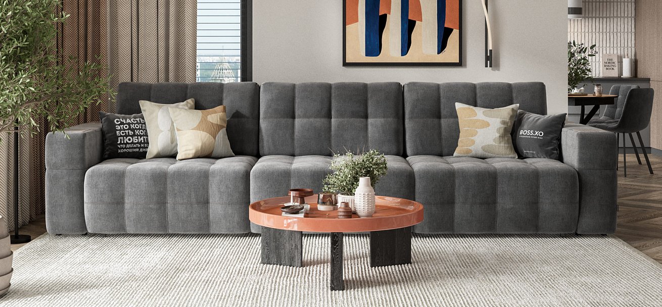 Диван BOSS.XO MAX велюр Monolit серый / WOOD Rock