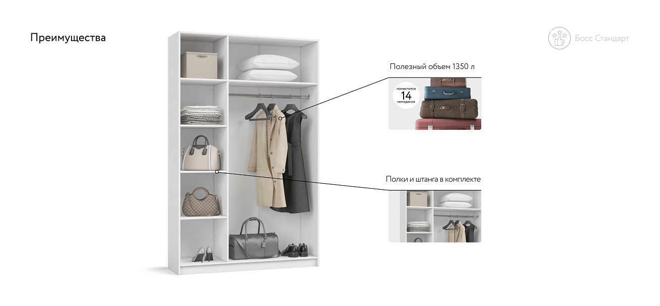 Босс Стандарт 135*220 шкаф распашной 3Д Белый