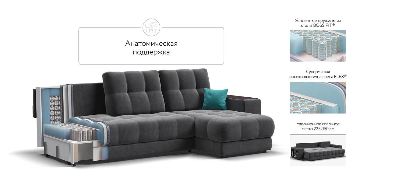 Угловой диван BOSS 3.0 XL велюр Monolit серый