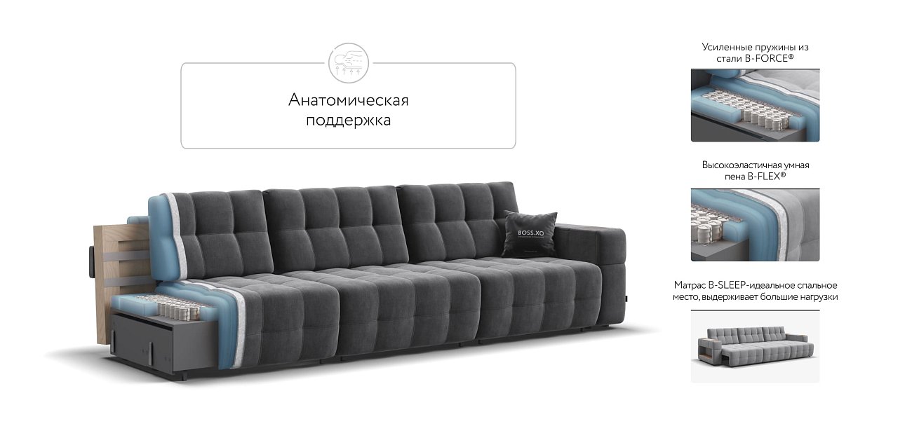 Диван BOSS.XO MAX велюр Monolit серый / WOOD Rock